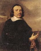 Jan van Noordt Portrait of a gentleman holding gloves,a view of a dutch town beyond painting